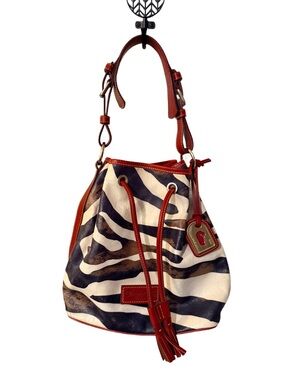 Vintage Dooney & Bourke Zebra Print Drawstring Bucket Bag Vacchetta leather, EUC